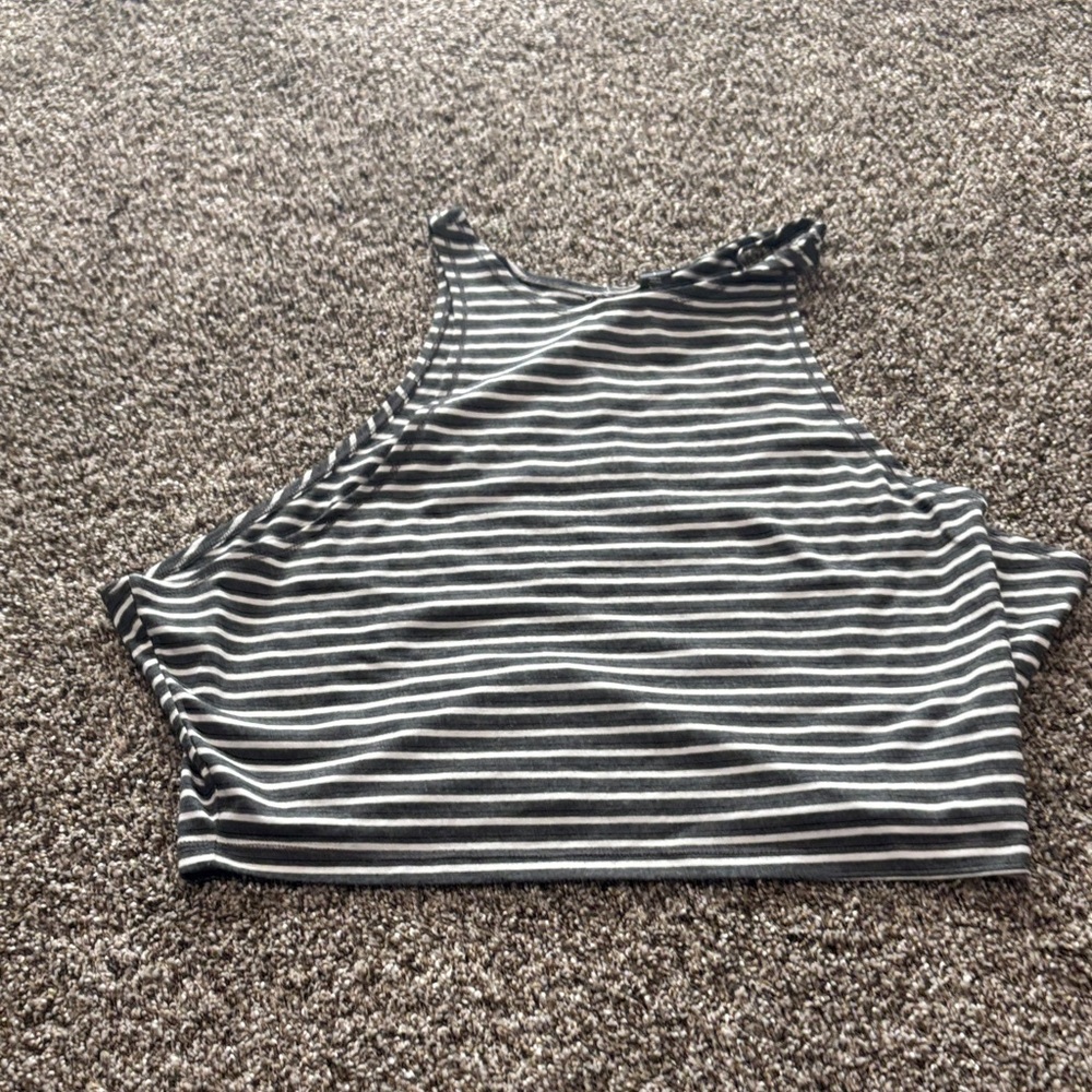 Striped High-Neck Crop cut off Tank Top - gray  & White